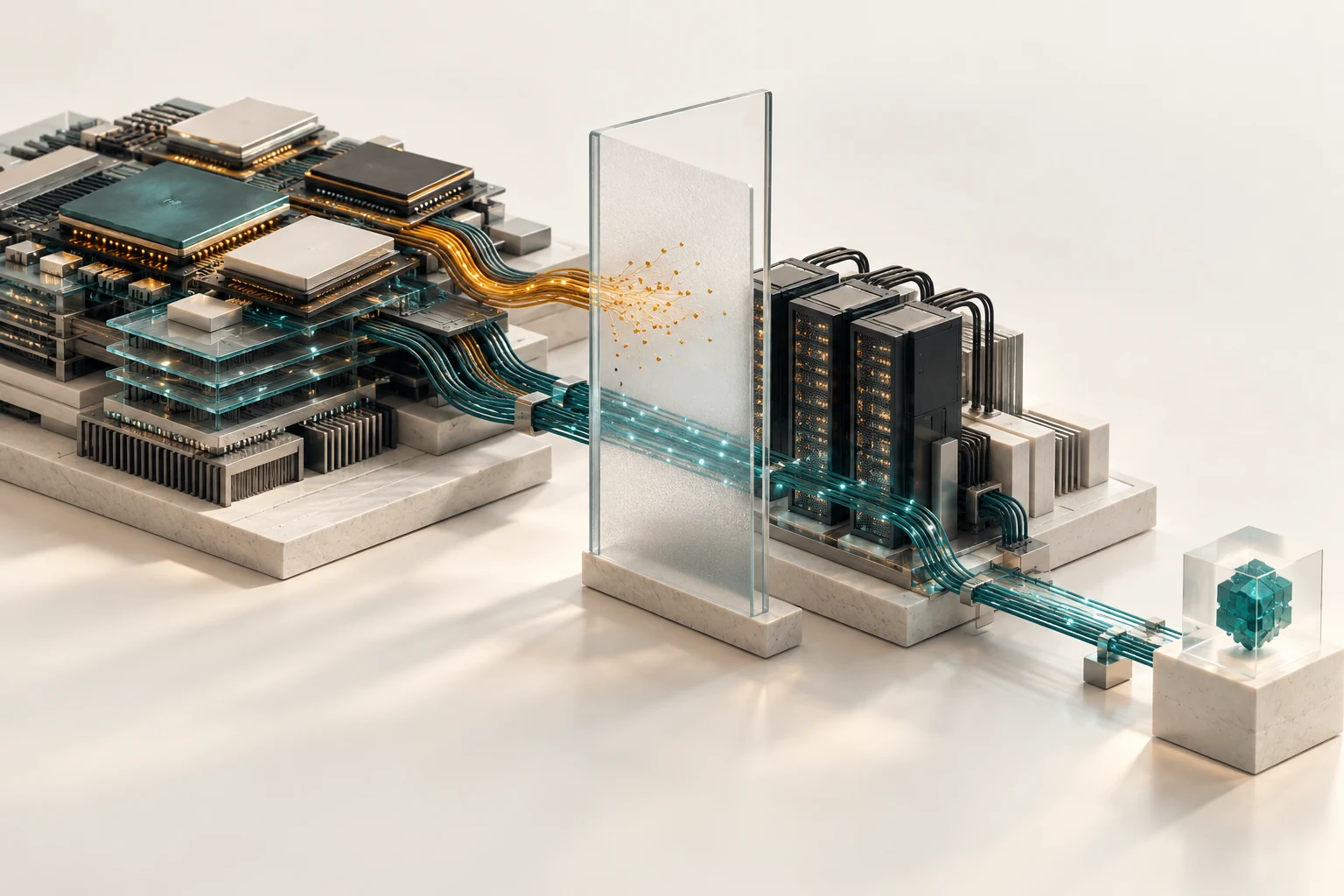 Conceptual heterogeneous compute and data-centre infrastructure connected through a transparent inspection boundary.